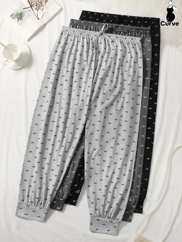 Plus Size Women's  All Over Bow Print Knot Front Elastic Waist Pajama Pants, Loose Casual Comfy Breathable Jogger Pants for Daily Home Wear, Women's Sleepwear for All Seasons 0