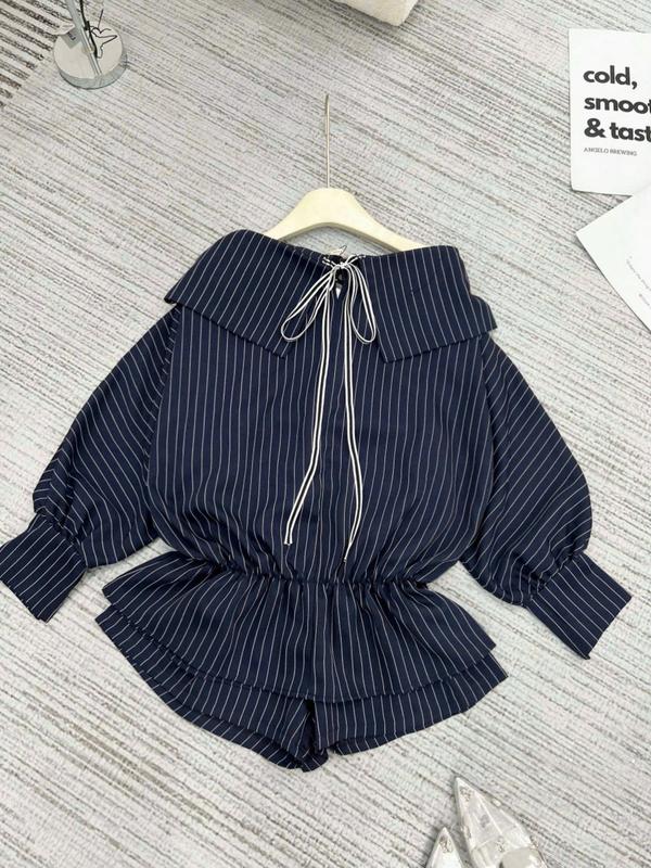 Bộ đồ nữ tay dài sọc dọc – Set áo cổ sen buộc nơ và quần short form rộng cho nàng thơ 0
