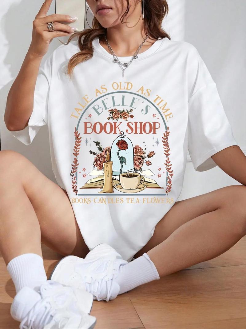 Product Introduction of Women's Floral & Book Print Round Neck Tee, Vintage Trendy Casual Short Sleeve T-shirt for Daily Wear, Ladies Summer Tops 3