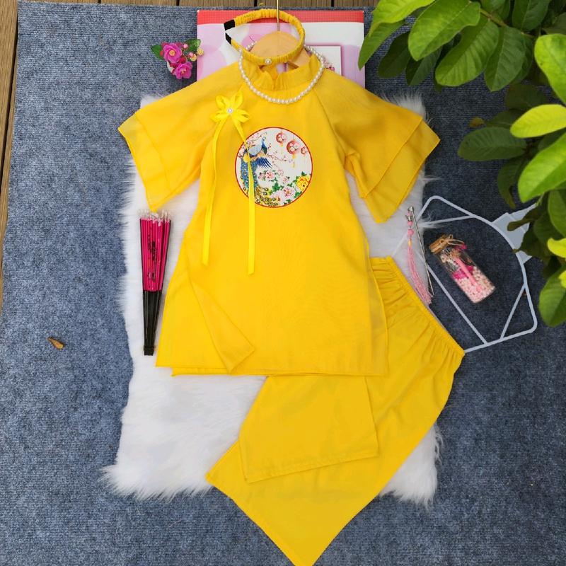 ( 11-36kg) Bộ Áo dài 2 tà vải tơ lụa mềm mịn, đính nơ kèm cài tóc và chuỗi ngọc,họa tiết in nhiệt bền không bong tróc. áo  dài cho bé gái 10 tuổi đẹp set đồ  bé gái áo  cách tân áo  dài tết 2k14 từ 2 đến 10,11,12,13,14 tuổi