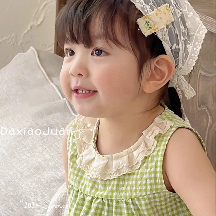 E408 Đầm công chúa sát nách xanh cổ phối ren trắng gắn bông siêu xinh chất thô mềm cho bé gái đi học đi chơi, đi đám cưới | EMBESTIHON 2