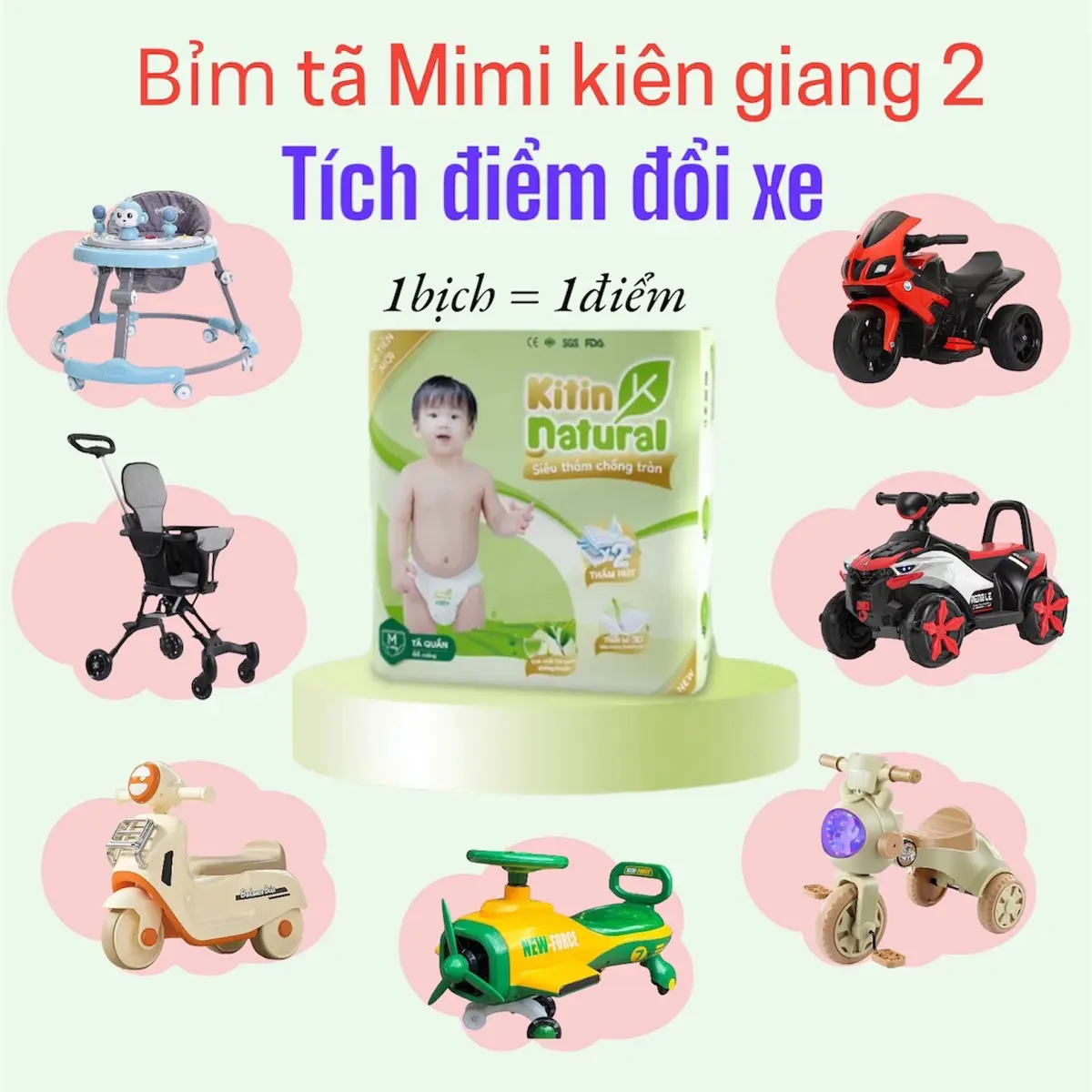 [TÍCH ĐIỂM ĐỔI XE] 1bịch tã bỉm KITIN NATURAL thương hiệu việt đủ size cho bé 0-20kg Voi Thun
