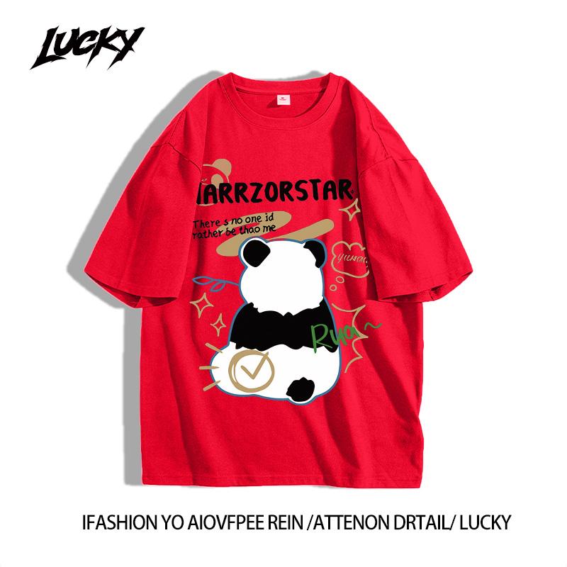 Product Introduction of Personal panda print short -sleeved T -shirt female loose sweet wind round neck top 5