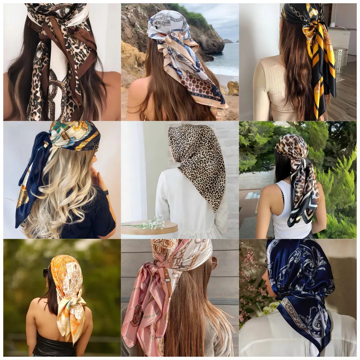 Vintage scarf new silk scarf 90cm/70cm satin artificial silk large kerchief Malay casual scarf printing water-resistant comfortable unisex womanss24