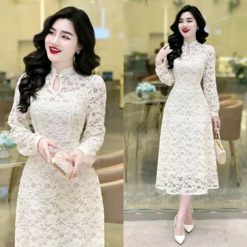 Đầm váy thời trang nữ mặc đi dự đám cưới mẫu mới chất vải ren hai lớp phong cách thanh lịch mặc tôn dáng sang chảnh Women Dress 4