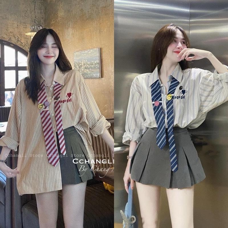 BIGSIZE HIẾU HIẾU (55-95KG) - Set bộ nữ Áo sơ mi sọc tay dài thêu chữ + chân váy dáng chữ a có kèm cà vạt dễ thương