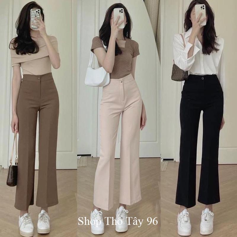 Quần ống loe nữ m50 - m58 có túi bên dáng quần tây ống đứng loe nữ đi học công sở cạp cao có đai chất vải vitex dày đáy cao nấm lùn