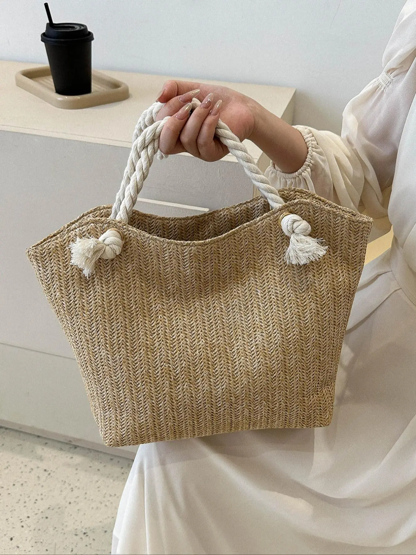 Women's Solid Color Straw Tote Bag, Fashionable Large Capacity Shoulder Bag for Daily Used, Casual Trendy Versatile High-quality Daily Commuting Bag