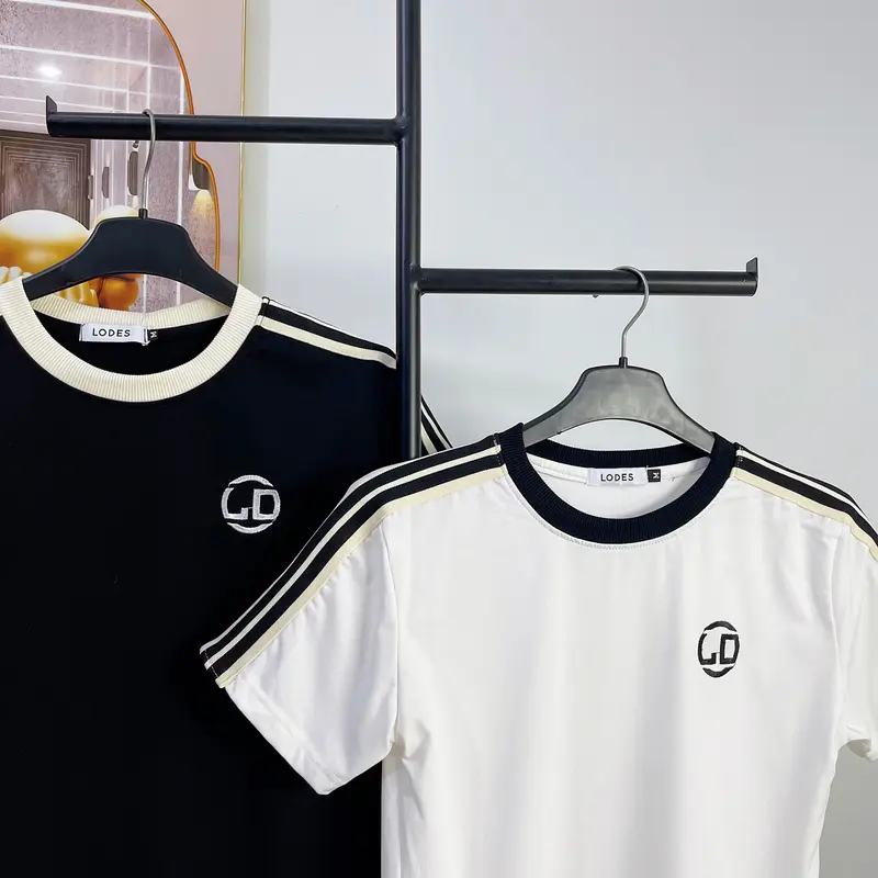 Áo thun nam nữ vải thun lạnh phối viền vai thêu logo LD màu đen trắng Menswear Top 2