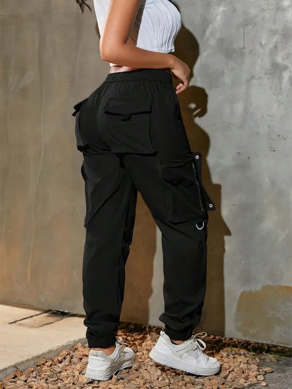 Women's Solid Pocket Drawstring Cargo Pants, Street Fashion Casual Trousers for Daily Wear, Ladies Bottoms for Spring & Fall 6