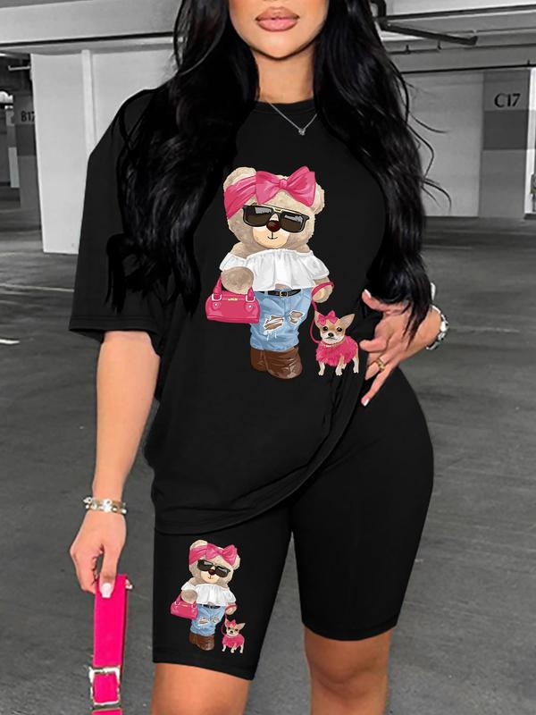 Cartoon Bear Graphic Print Short Sleeve T-shirt & Elastic Waist Shorts Set, Y2k Outfits Streetwear Casual Round Neck Tee & Skinny Shorts for Summer, Summer Outfits 2024, 2 Piece Sets, Co Ords for Women, Two Piece Set Women, Outfits To Hide Tummy Uk 7