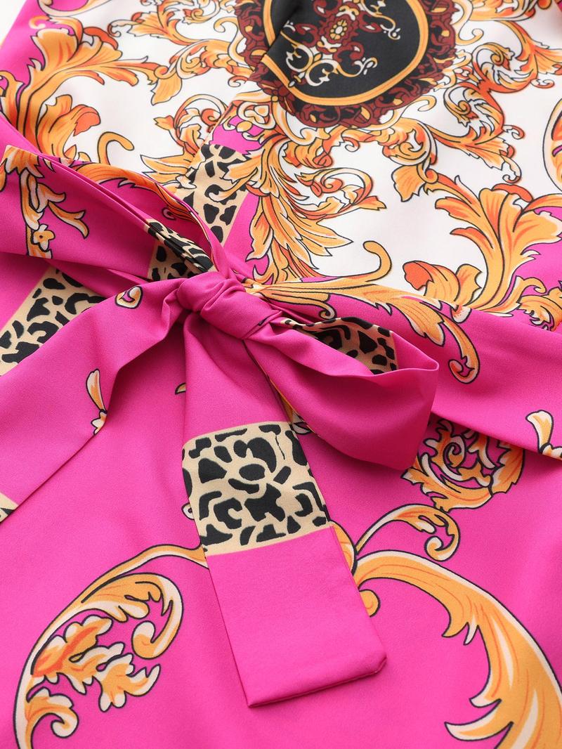 Product Introduction of Women's Ethnic Pattern Belted Tie Neck A Line Dress, Boho Fashion Long Sleeve Dress for Daily Holiday Vacation Wear, Ladies Dress for All Seasons 6