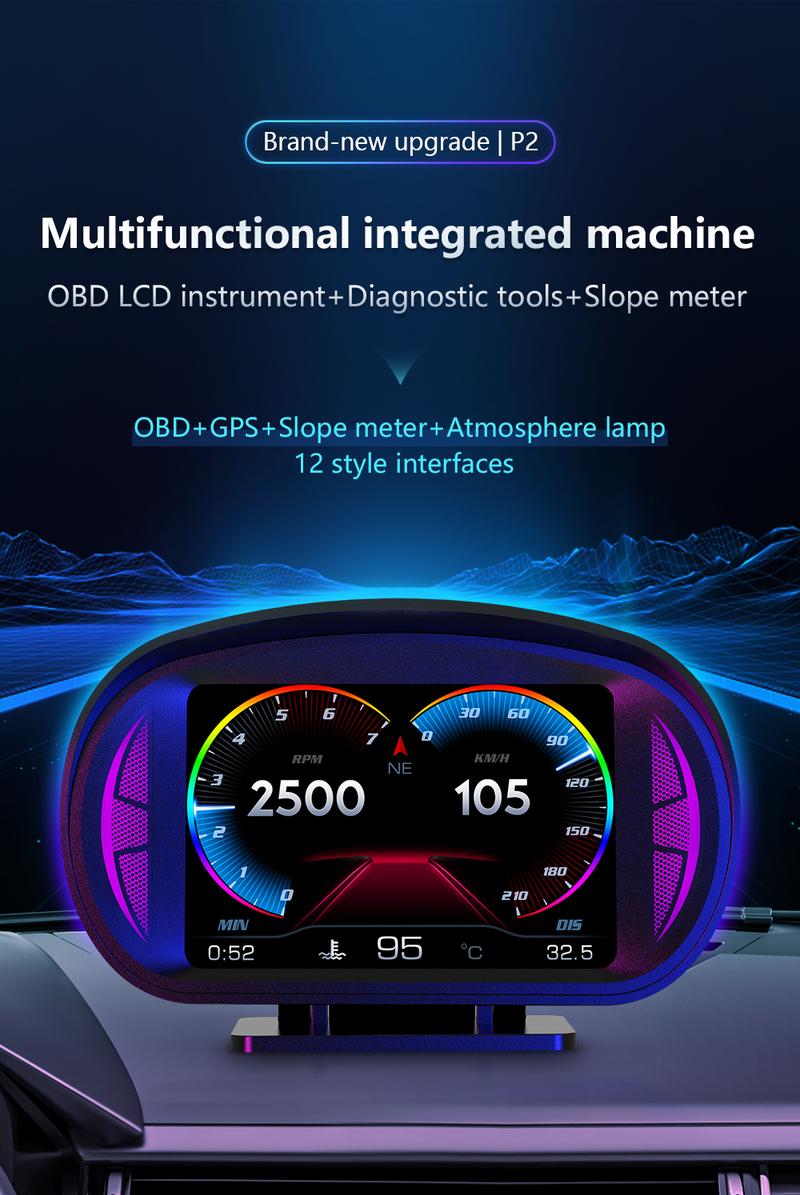 Product Introduction of Majesun P2 Car Digital Speedometer OBD2 GPS HUD Gauge Auto Display Alarm Water Oil Temperature Turbine Pressure on-board Computer 12