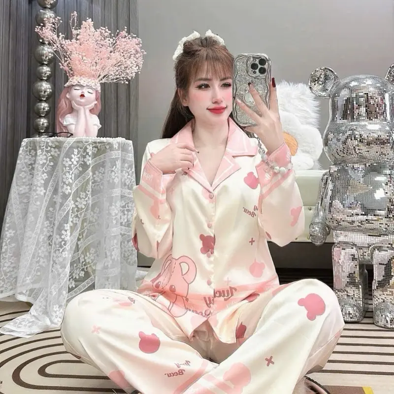 [40-58kg] Bộ Ngủ Nữ Pyjama Lụa Latin Gấu Hồng Vải Mềm Mịn Mát