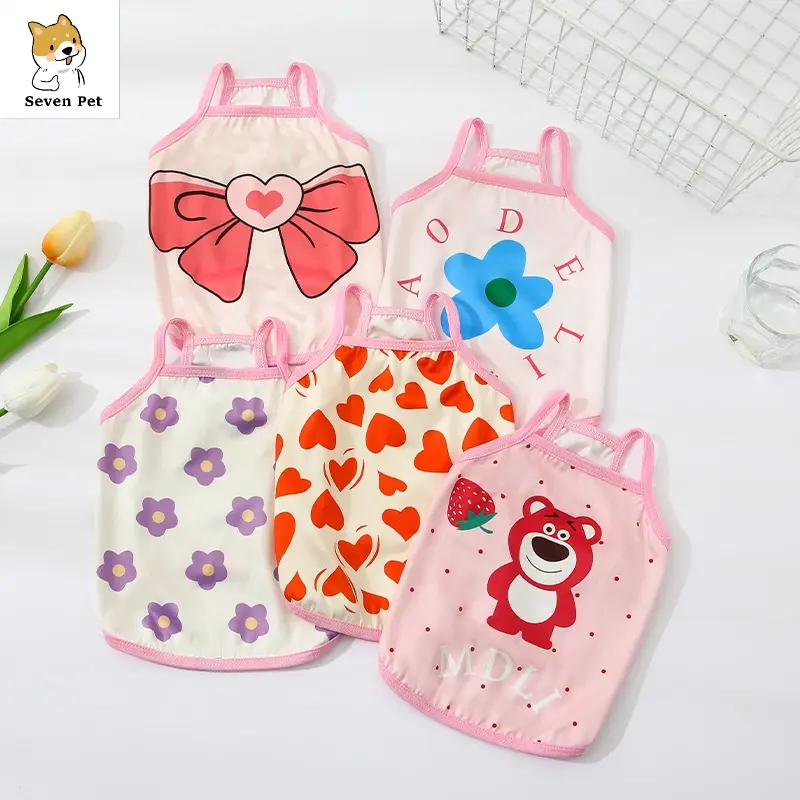 Quần áo cho chó, in hình gấu dâu tây, cho chó Shih Tzu nữ, áo vest thoáng khí cho chó con, áo phông mèo hoạt hình, áo ba lỗ quần áo cho thú cưng