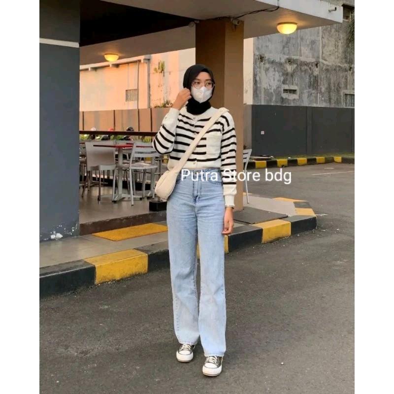 Cardigan Rajut Wanita Flora Full Kancing Motif Salur Setrip Blaster Baju Atasan Garis Kerah Nyaman Knitwear Panjang 4