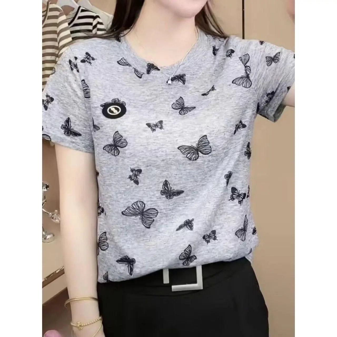New style [1177 people's reviews] Ice silk summer new style loose ins short sleeved slimming cover belly fashionable T-shirt printed temperament western-style anti-aging top women's clothing Womenswear Comfort Casual Crewneck