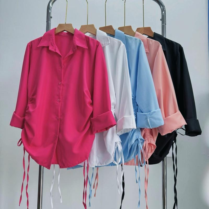 Áo sơ mi tay dài rút dây bigsize nữ, Áo sơ mi form rộng big size chất vải lụa chéo AT4