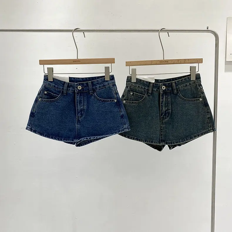 Quần váy ống rộng denim wash xanh lưng cao phong cách Hàn Quốc quần short chữ A bó sát tôn dáng