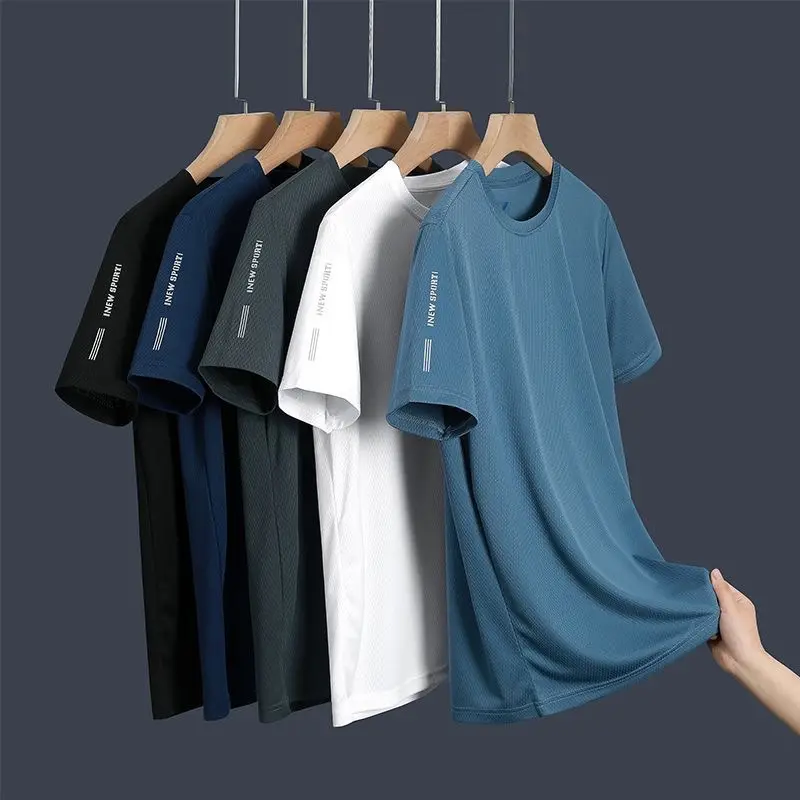 2025 Source Manufacturer Ice Silk Men's Quick-Dry Short Sleeve T-Shirt Summer High Elastic Ice Feel Breathable Top Cross-Border Factory Wholesale