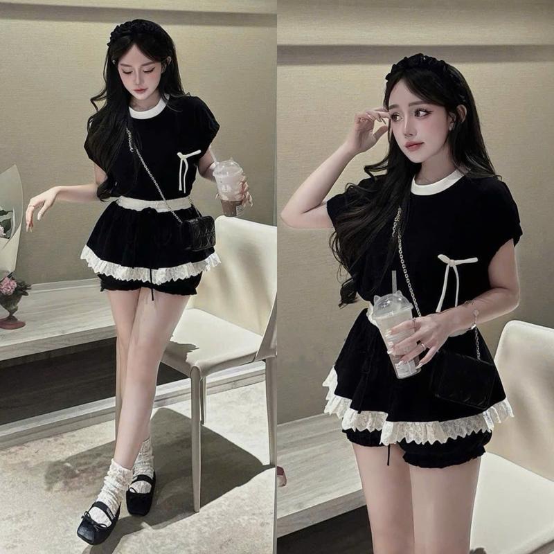   Hàng 3 Size : Set Áo Tay Hến Đen Phối Viền Trắng Dính Nơ Mix Quần Giả Váy Pha viền Ren Thô Hot Hit Kèm Ảnh Thật 