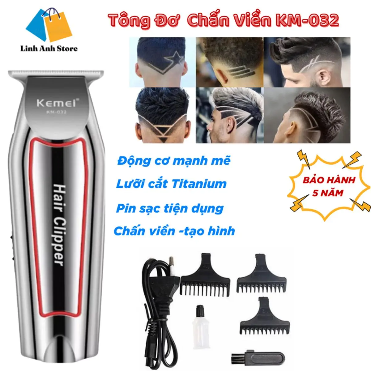 Tông Đơ Cắt Tóc Chấn Viền, Bấm Viền Pin Trâu Sạc Nhanh Kemei Km 032
