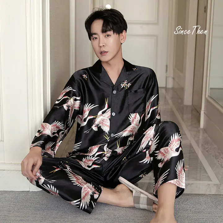 Đồ ngủ nam Pijama lụa mặc nhà hồng hạc đen