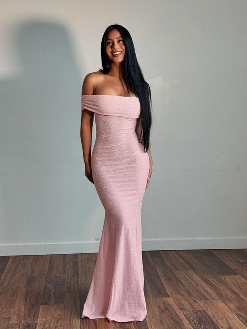Product Introduction of Women's Floral Pattern Off Shoulder Ruched Mermaid Dress, Elegant Backless  Maxi Dress for Party Evening, Ladies' Clothes for All Seasons Valentine's Day, gift 4