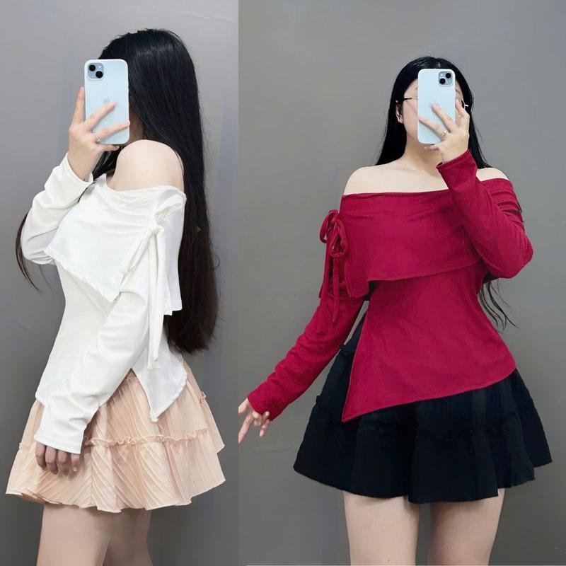 Set bộ Bigsize Nữ áo thun tay dài trễ vai cột nơ vạt chéo chân váy dáng A eo co giãn nhún bèo có bảo hộ Women Top