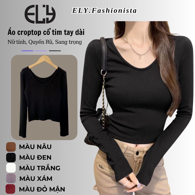 Áo croptop nữ tay dài cổ tim chất cotton dẻo cao cấp áo thun nữ kiểu sexy ôm body đẹp ELY290