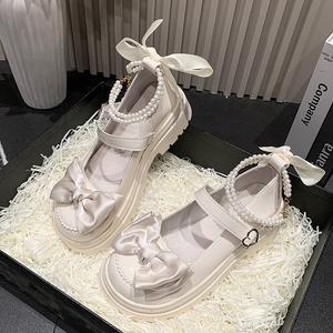 甘やかでかっこいいメリージェーンレザーシューズ レトロで超かわいいパール付きリボンプレッピースタイル