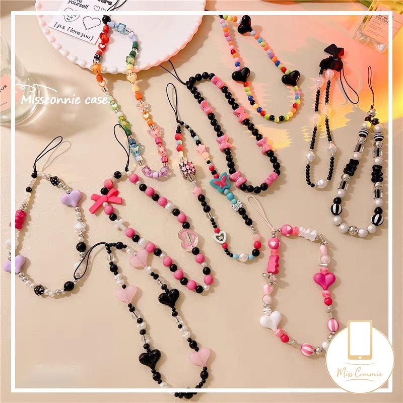 MissConnie Korea Cute Bowknot Phone Charm Strap Bowknot Mobile Phone Chains for Women Girls Jewelry Strap Love Heart Beaded Lanyard Pendant 0