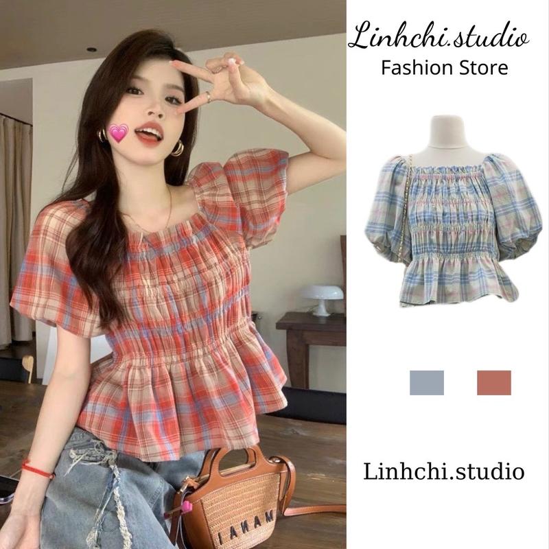 Áo babydoll kẻ tay bồng chun ngực chất thô mềm thoáng mát( có bigsize)