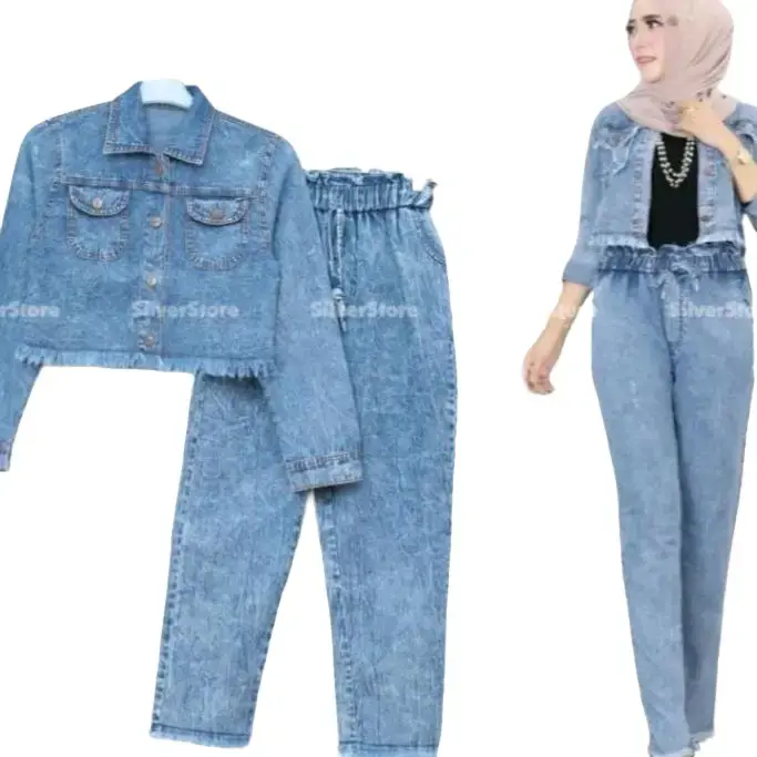 Setelan Julizar Baju Wanita  Variasi (XL, XXL, XXXL) Baggy Celana Crop Jaket Jeans Karet Nyaman 0