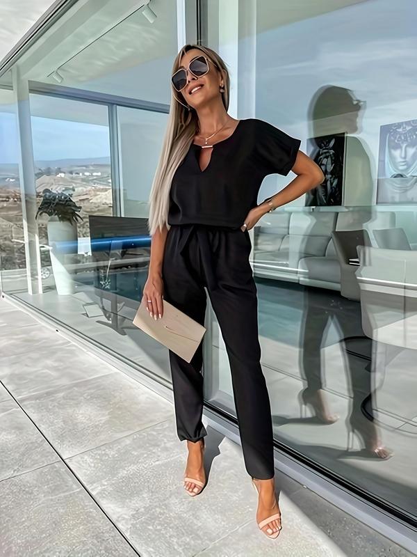 Women's Solid Belted Jumpsuit, Elegant Batwing Sleeve Pocket Jumpsuit for Summer, Fashion Women's Clothes for Daily Wear 6
