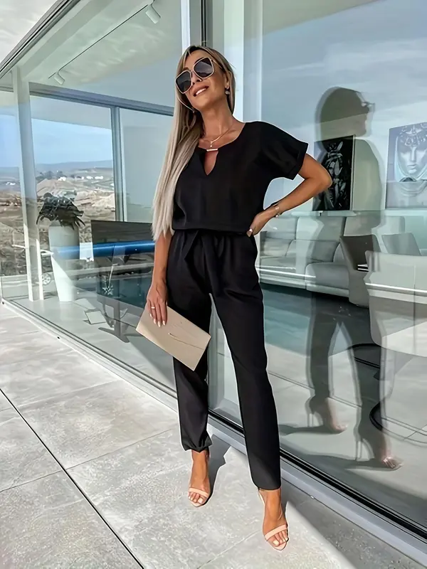 Women's Solid Belted Jumpsuit, Elegant Batwing Sleeve Pocket Jumpsuit for Summer, Fashion Women's Clothes for Daily Wear 6
