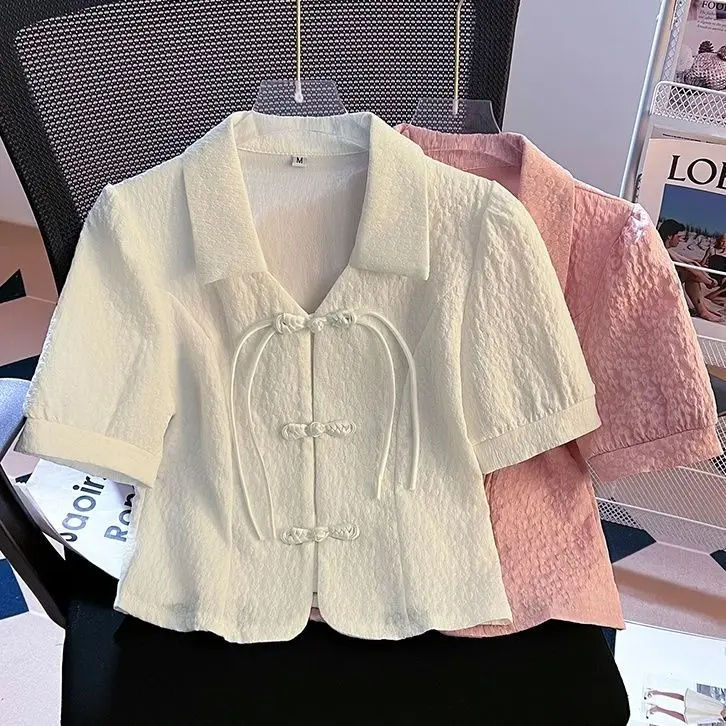 Áo Sơ Mi Co Giãn Mềm Mại, Phong Cách Trung Quốc Mới, Áo Ngắn Nhỏ Cổ Điển Jacquard ngắn Tay Áo, Áo Voan, Thích Hợp Cho Mùa Hè, Áo Sơ Mi Nhỏ Giấu Kín, Dành Cho Nữ, 2024 2