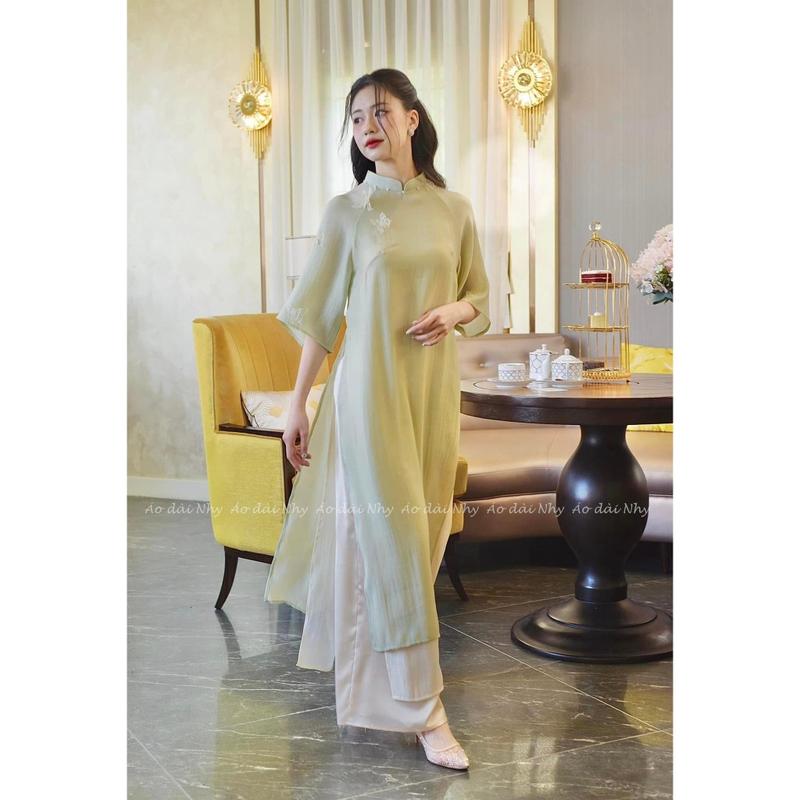 Áo dài cách tân nữ Hồ Điệp 2 màu hồng xanh bơ dáng suông tay lỡ tơ đũi cao cấp Voan Dress 2