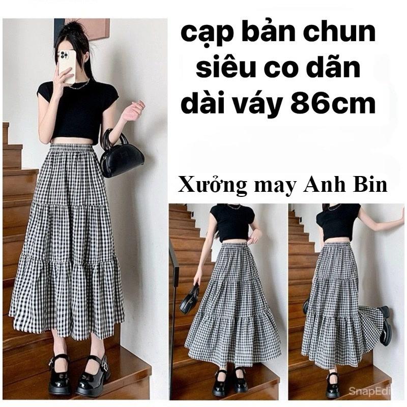 Chân váy maxi 3 tầng kẻ caro cạp chun lưng cao, dài 86-88cm chất đũi Nhật cao cấp mềm mại và thanh thoát 6