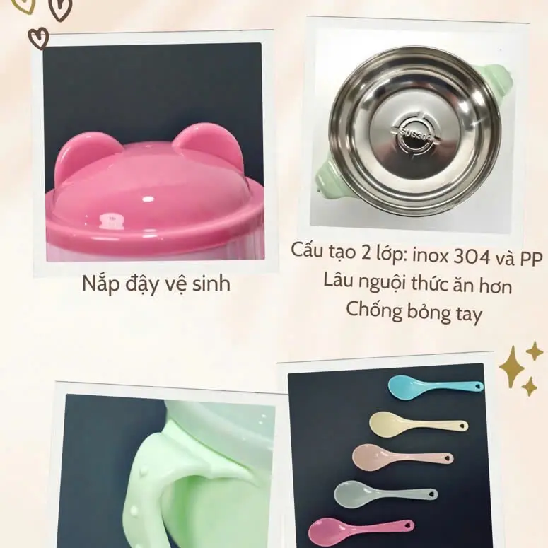 (Kèm Thìa) Bát Ăn Inox Cách Nhiệt Có Tay Cầm Kèm Muỗng Và Nắp Cho Bé ăn dặm Kem 2