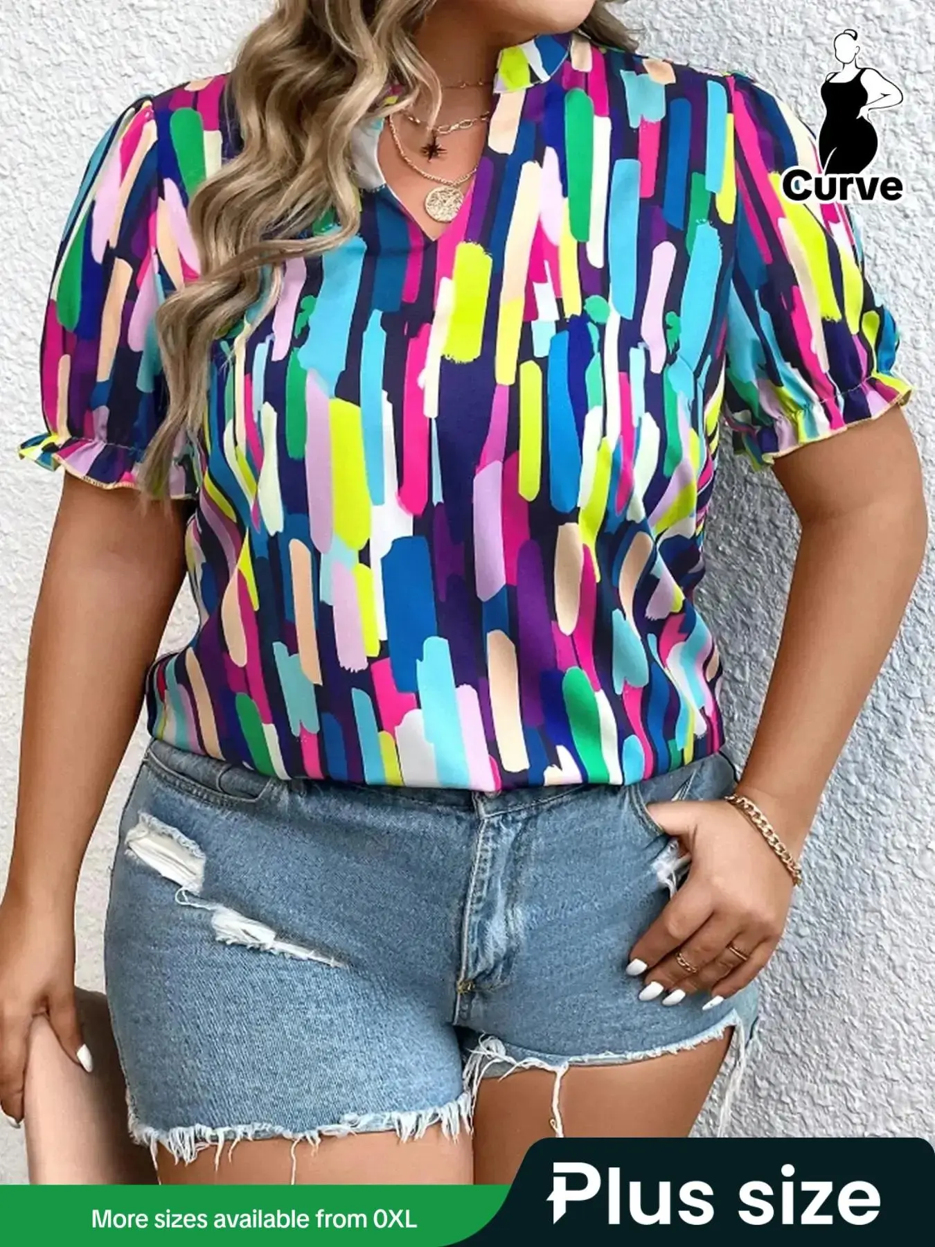 Plus Size All Over Print Puff Sleeve Notched Blouse, Casual Frill Trim Short Sleeve Top for Summer, Women's Clothes for Daily Wear