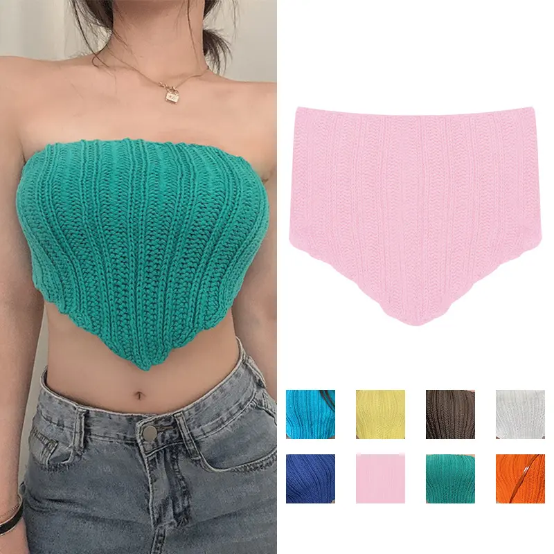 Women's Knit Bandeau Crop Tops, Strapless Sleeveless Solid Color Hanky Hem Tube Tops