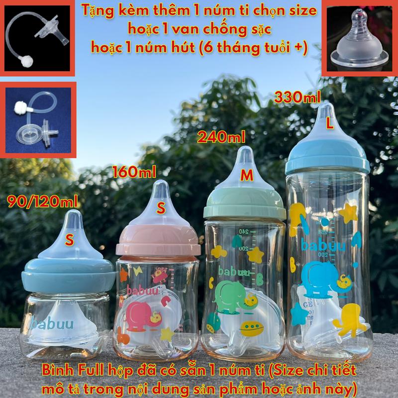 Tặng kèm núm ti Bình sữa cổ rộng PPSU Babuu baby Nhật bản dung tích 90, 120, 160, 240, 330ml (tặng 1 van chống sặc hoặc 1 núm hút)