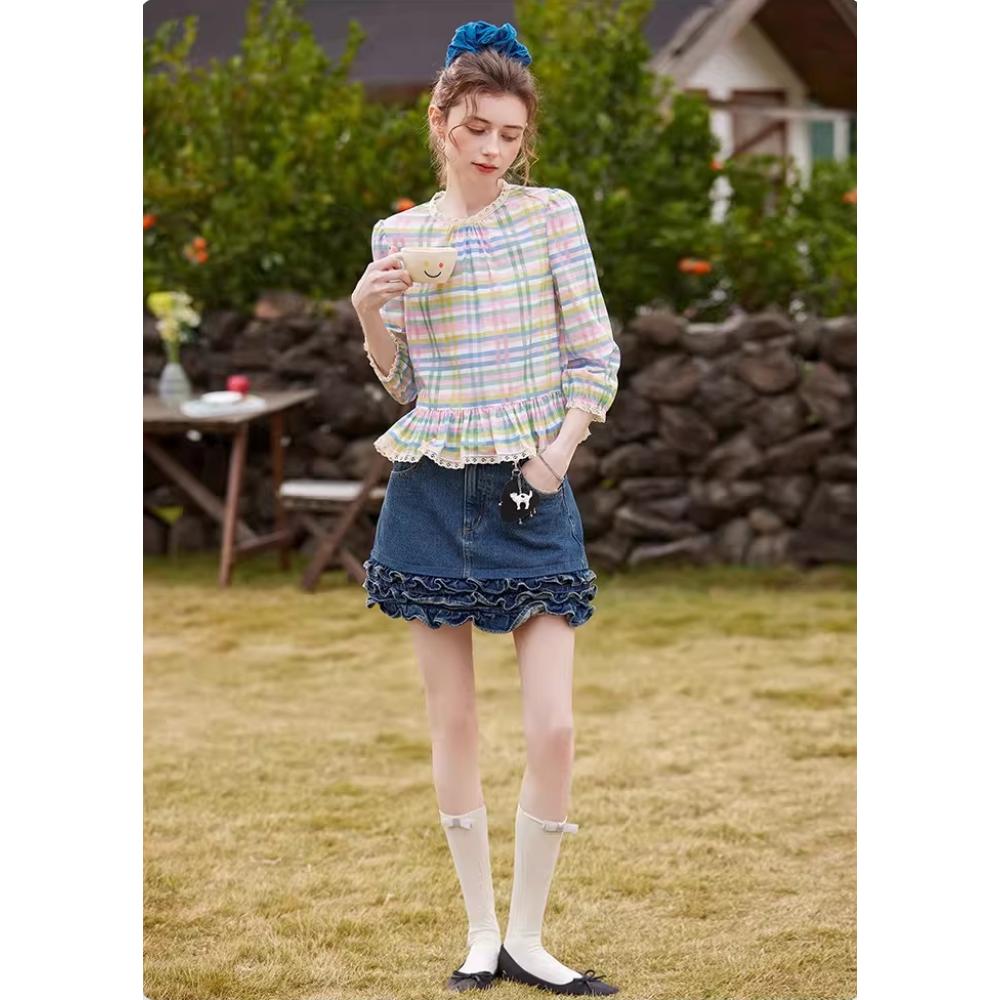 CHICMORE Atasan kemeja kotak-kotak longgar bergaya retro cantik untuk wanita