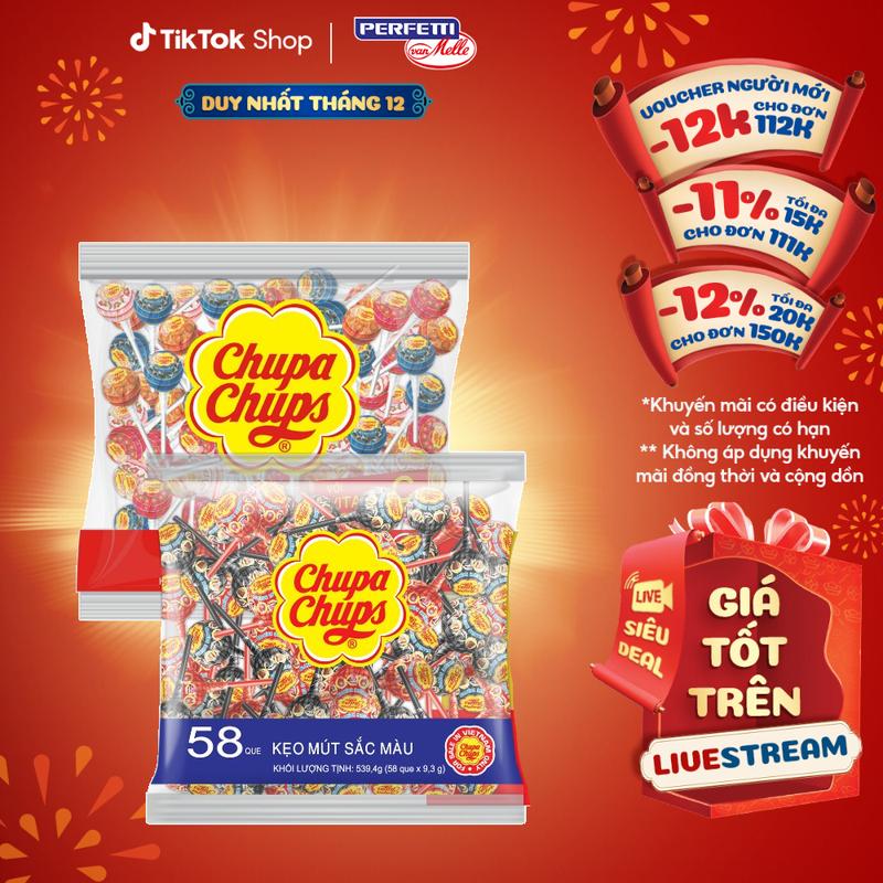  Kẹo mút Chupa Chups Hương trái cây hỗn hợp kẹo mút tô màu lưỡi hương Dâu và Cola  Gói 10 que 58que 60que  