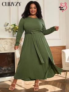 CURVZY Plus Size Solid Belted Split Hem A Line Dress, Casual Long Sleeve Round Neck Dress for Fall & Winter, Women's Clothes for Daily Wear