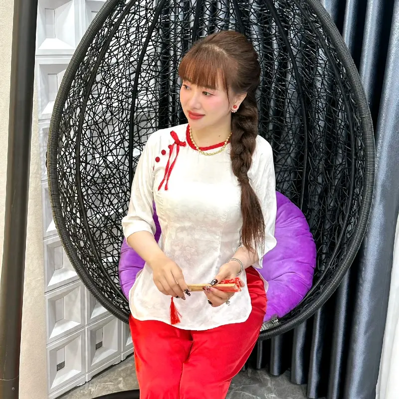 1sét  đồ lam GẤM  cổ tròn  tay lơ vạt bầu. quần  phổi. ( SANG SANG SHOP) Top Áo 3
