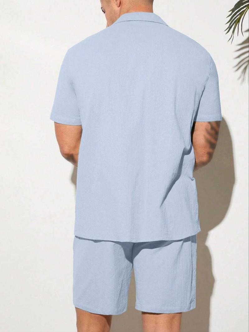 Product Introduction of Men's Solid Button Front Shirt & Drawstring Waist Shorts Set, Regular Fit Short Sleeve Lapel Neck Top & Pocket Design Shorts, Casual Fashion Cozy Breathable Men Two-piece Outfits for Summer, Clothing 5