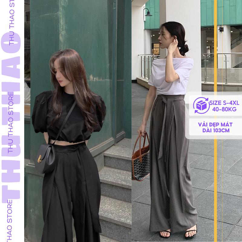 Quần ống rộng nữ bigsize xếp ly bản to lưng cao thắt dây nơ siêu hot (Dáng dài 105cm)- Pants Jean