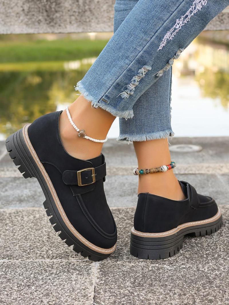 Product Introduction of Women's Fashionable Solid Color Buckle Decor Loafers, Casual Comfortable Shoes for Daily Wear, Female All-match Round Toe Slip on Shoes for Daily Wear, Girl 6